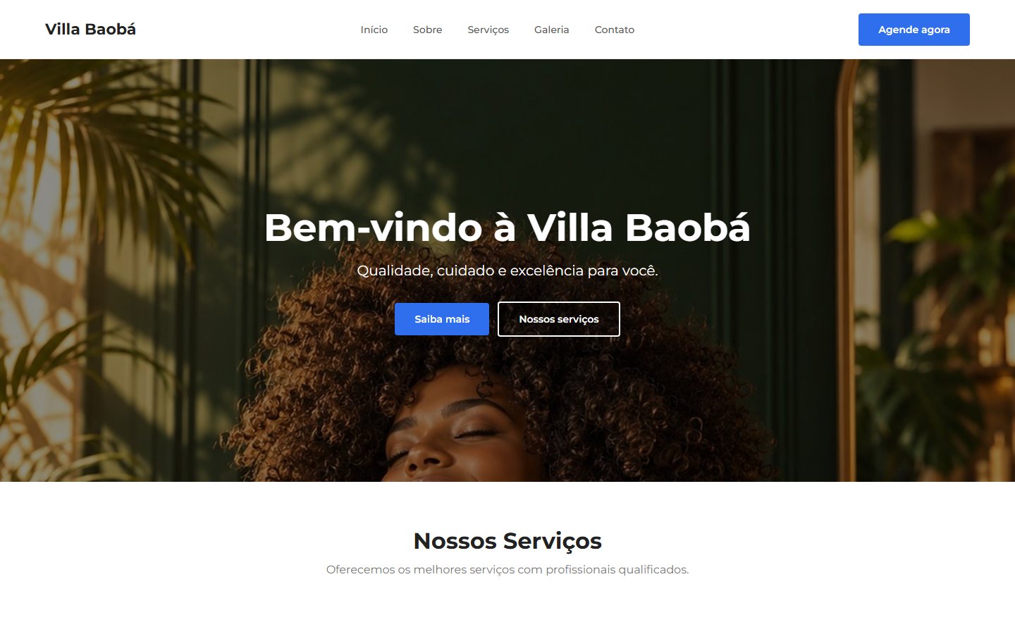 Ilustração de um site de modelo pronto com a mesma foto: fundo branco, título centralizado e botões azuis