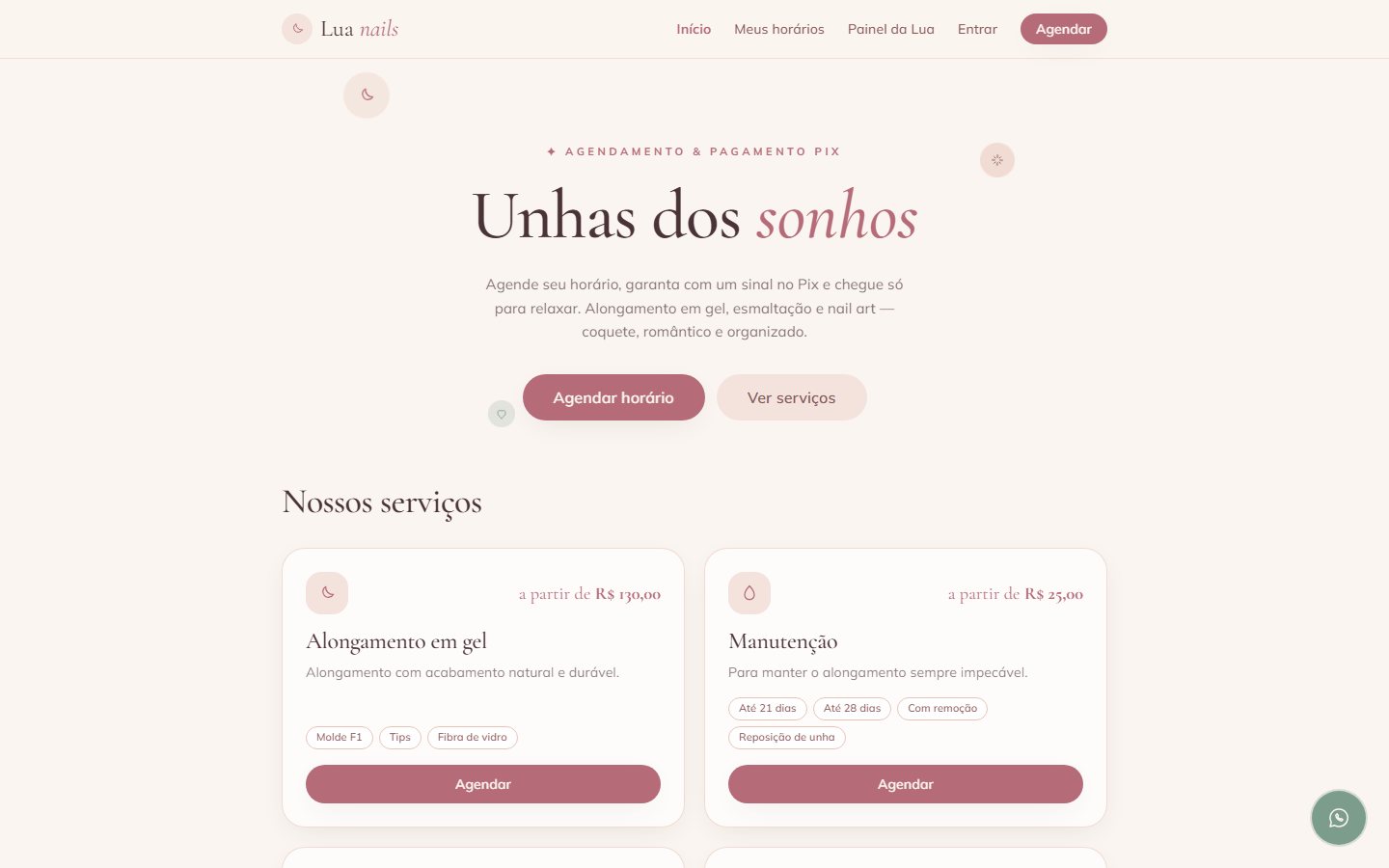 Primeira tela do site da Lua Nails